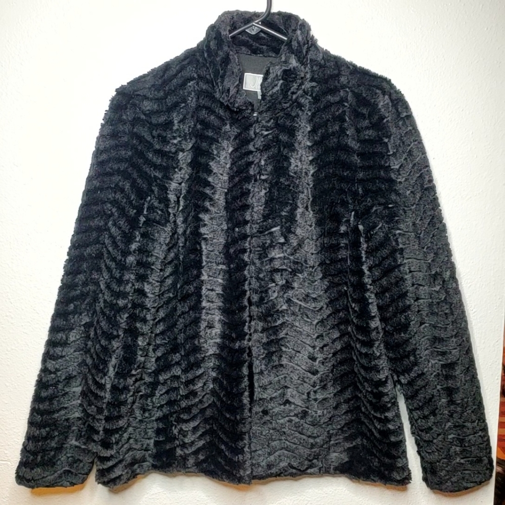 JM Collection Women's Faux Mink Fur Coat Black Fully Lined Hook Closure Sz Med